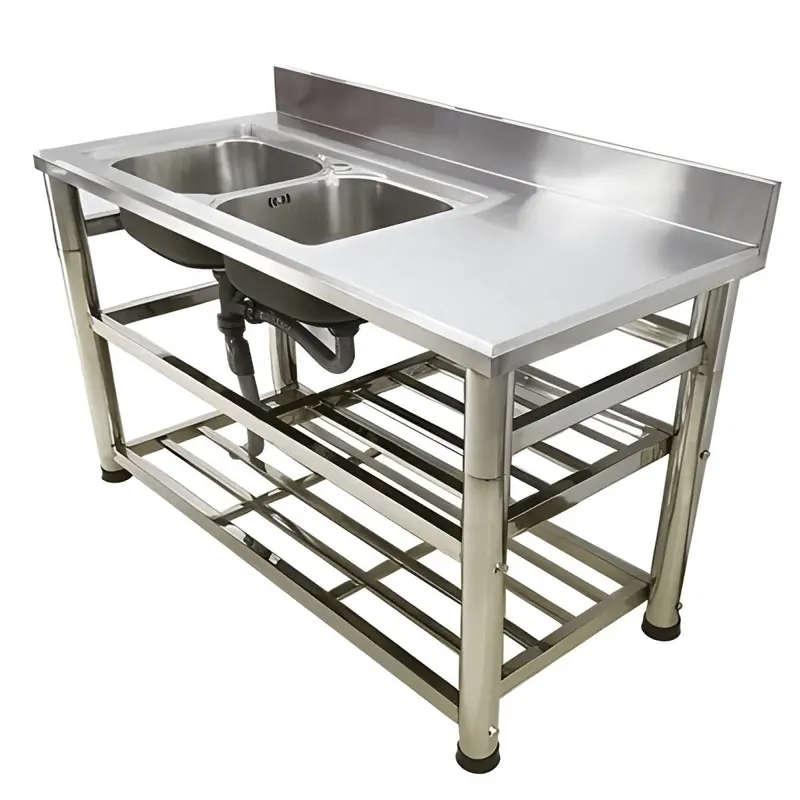 Commercial-Grade Stainless Steel Double Sink – Prep Table with Faucet & Drain, Heavy-Duty Utility Station 9938841