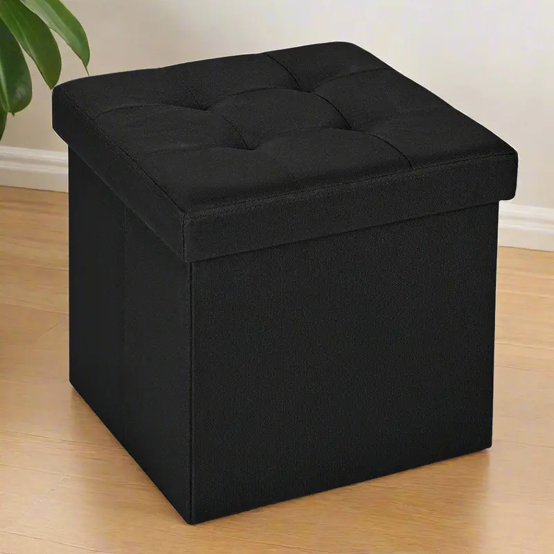 Compact Black Storage Ottoman – Foldable Tufted Cube Seat with Hidden Interior Compartment – AM0TM30