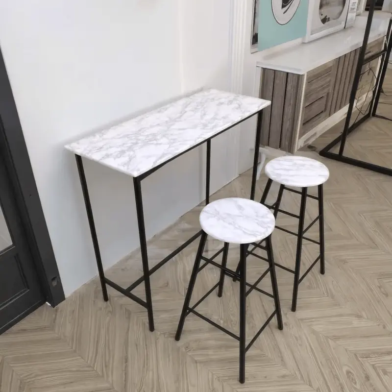 Contemporary 3-Piece Counter Height Dining Set – Faux Marble Tabletop with Black Metal Frame – Model K2504