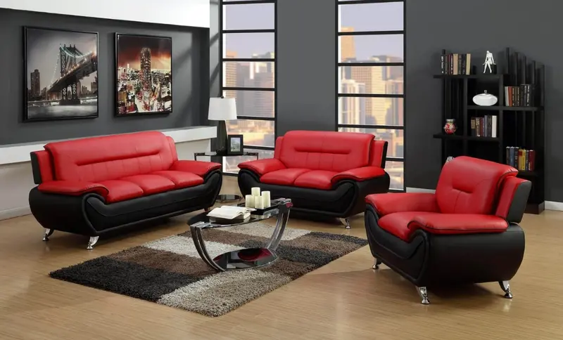 Contemporary 3-Piece Faux Leather Sofa Set in Red and Black | BT1756