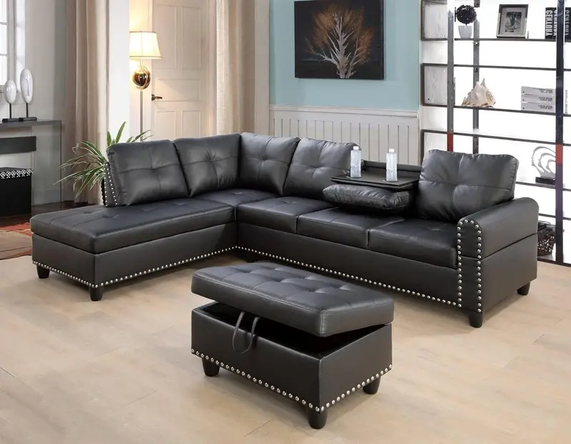 Contemporary L-Shaped Sectional Sofa with Ottoman – Two-Tone Black & Brown Upholstered Living Room Set