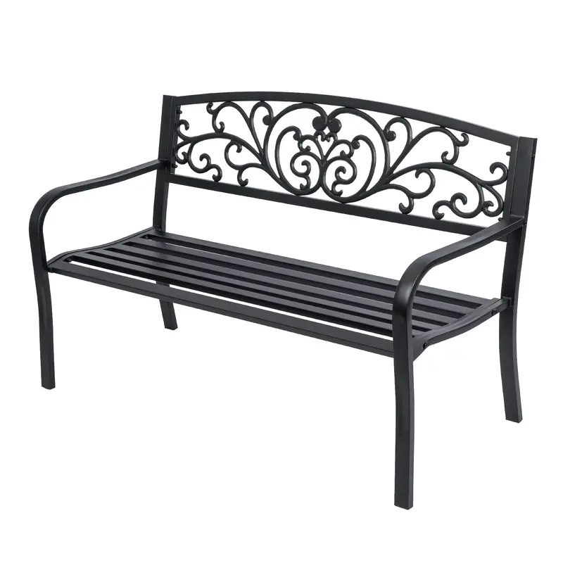 Decorative Metal Garden Bench – Black-Finished Outdoor Park or Patio Seating