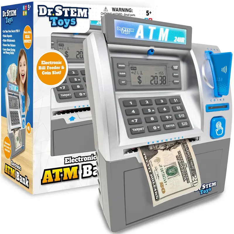 Dr. STEM ATM Savings Bank – Digital LCD Coin Counter & Bill Feeder with PIN Security for Kids Ages 5+