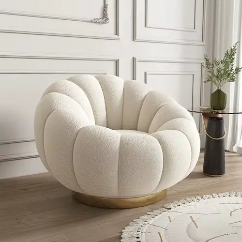 Elegant White Velvet Accent Chair & Ottoman Set – Gold-Tone Base, Contemporary Lounge Seating (2505051)