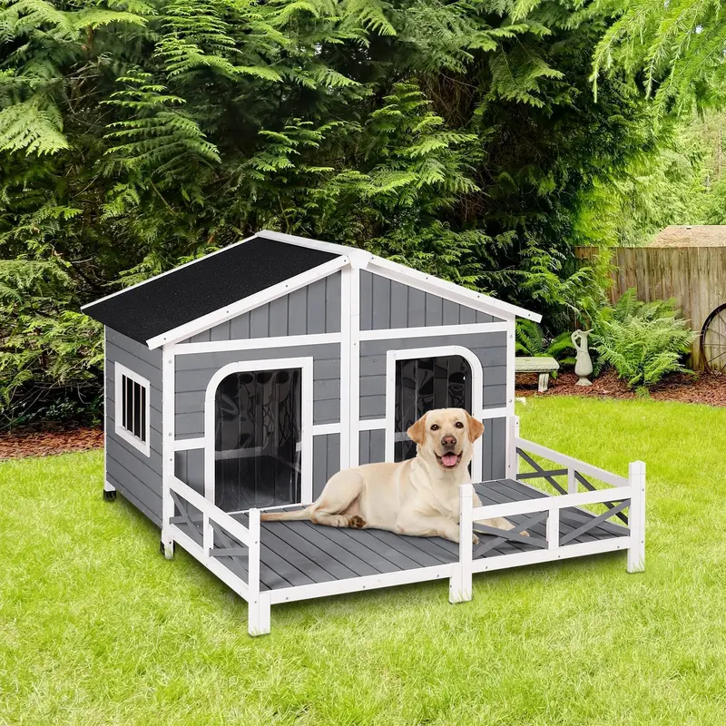 Extra-Large Wooden Outdoor Dog House with Covered Porch – Weatherproof Canine Shelter (Model DH3016L)