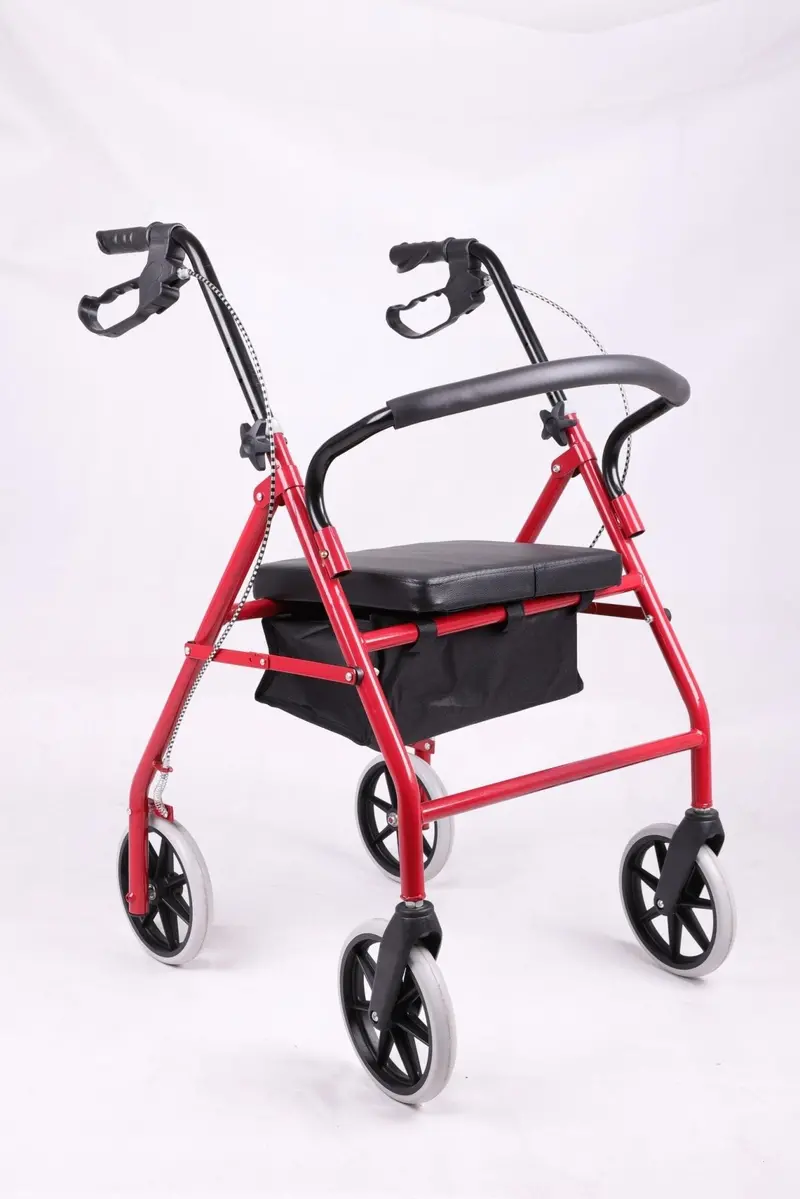 Extra-Wide Rolling Walker with Padded Seat – 8-Inch Wheels, Height-Adjustable Frame, Loop Brakes, Red Finish