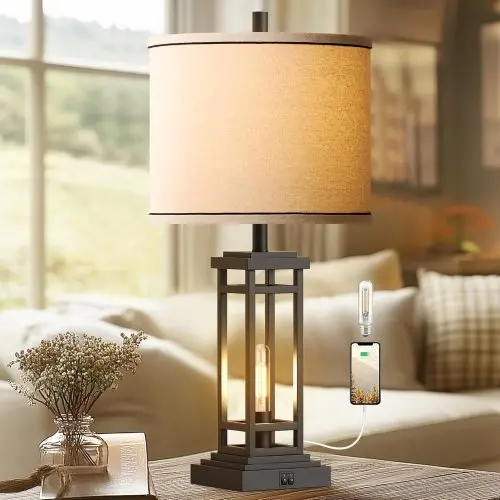 Farmhouse-Style End Table Lamp with Dual USB Ports – Modern Bedroom & Living Room Lighting (SKU 250333)
