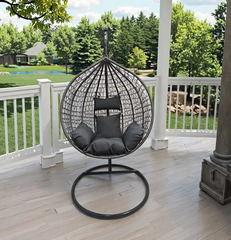 Freestanding Egg Swing Chair with Frame – Indoor/Outdoor Hammock-Style Seating with Charcoal Gray Cushion (Model YHSQ020)