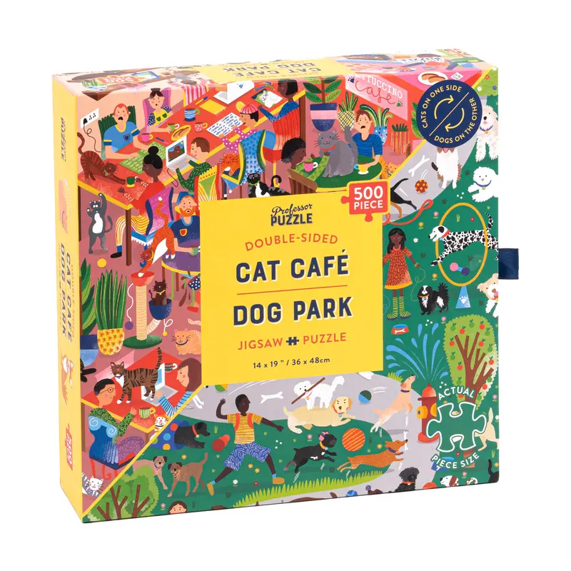Furry Friends Fiesta Jigsaw Puzzle – 500-Piece Double-Sided Cat Café & Dog Park Design