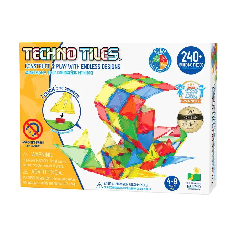 Geometric Snap & Build Set – Techno Tiles in Primary Colors – 240+ Piece Creative Construction Kit