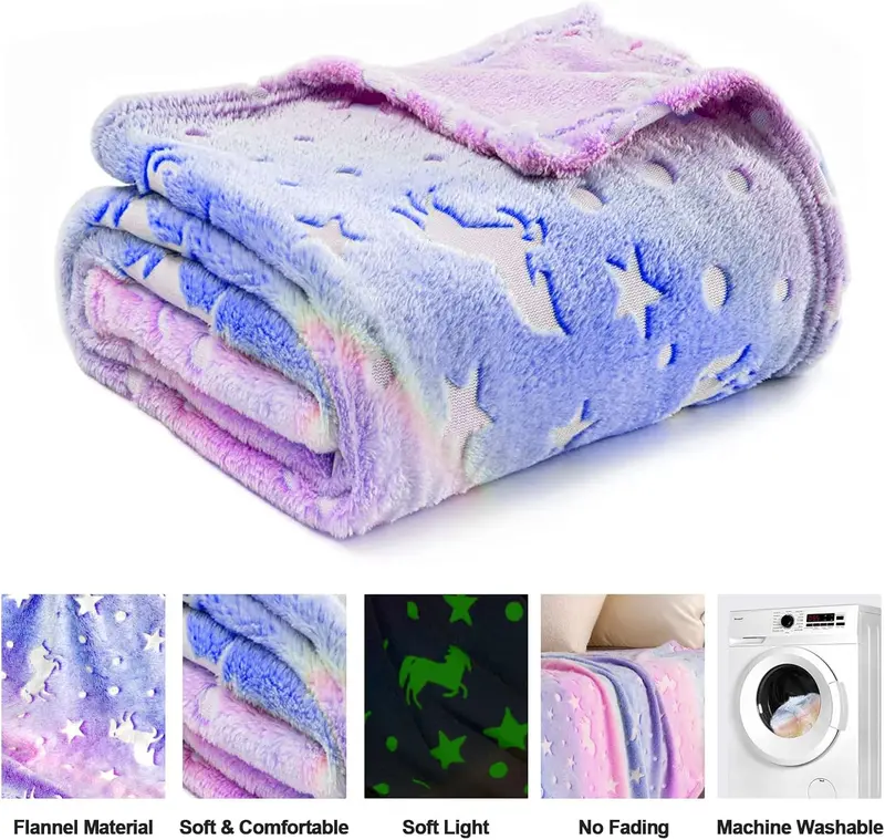 Glow-in-the-Dark Kids Blanket – Soft Flannel Throw in Unicorn or Dinosaur Print, 59″ × 79″