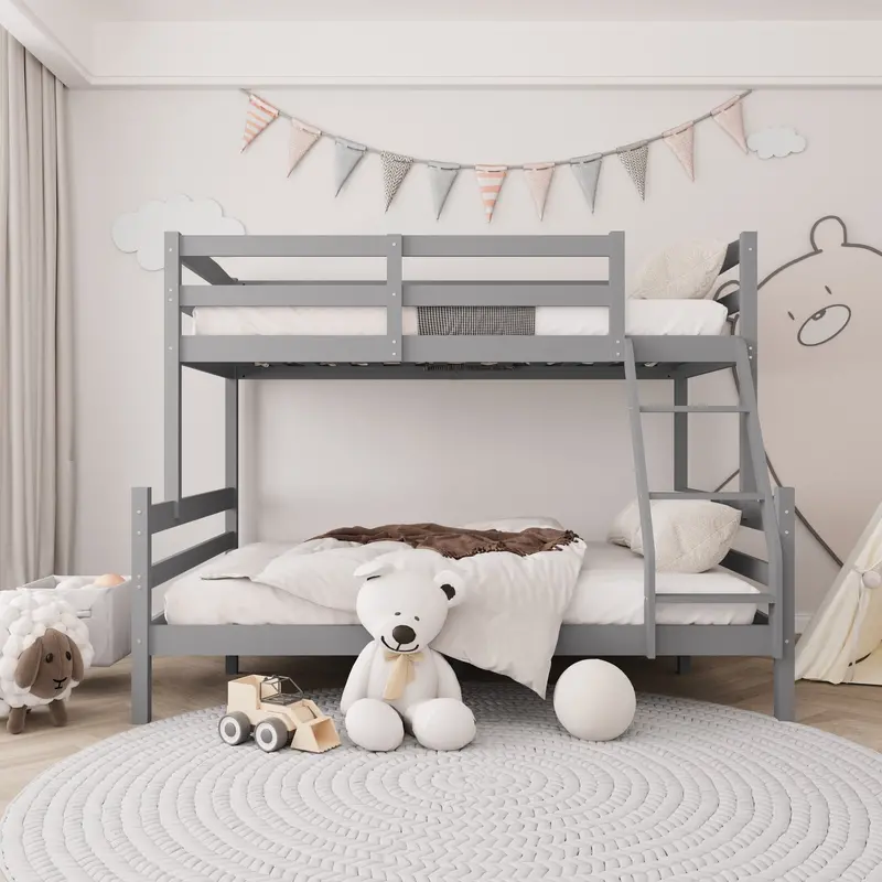 Gray-and-White Twin-Over-Full Wooden Bunk Bed – Compact Kids Bedroom Frame