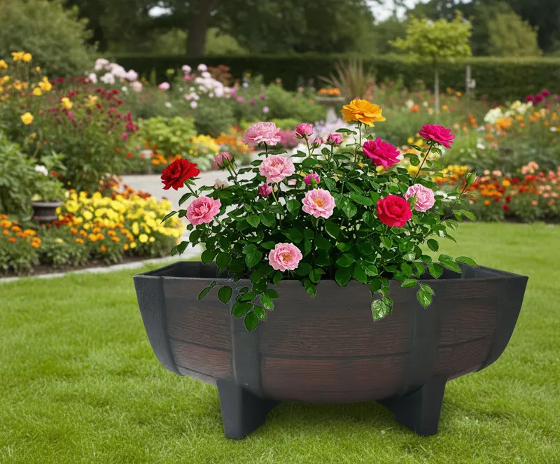 Half-Barrel Faux-Wood Planter – 21.7-Inch Rustic Decorative Plastic Pot for Patios and Gardens (G5782)