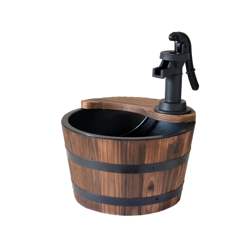 Hand-Pump Wood Barrel Water Fountain – Vintage-Style Outdoor Garden Decor WWF48