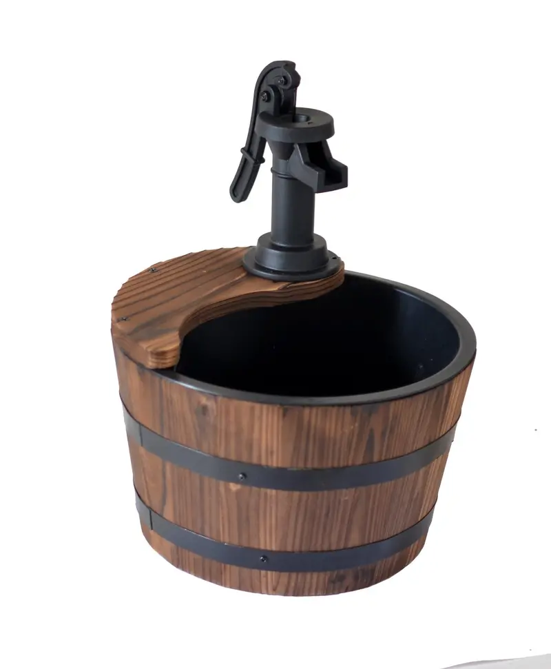 Hand-Pump Wood Barrel Water Fountain – Vintage-Style Outdoor Garden Decor WWF48