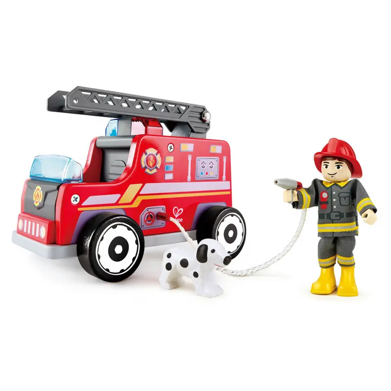 Hape Wooden Fire Truck Playset – Interactive Red Rescue Vehicle with Figurines