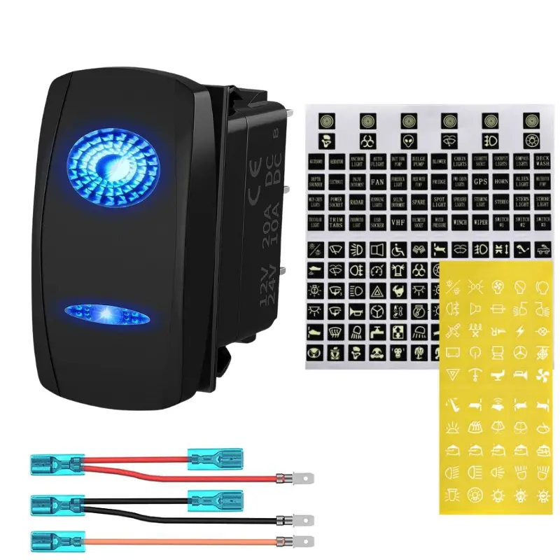 Icon-Ready Rectangular Rocker Switch with Blue LED Backlight and Customizable Labels