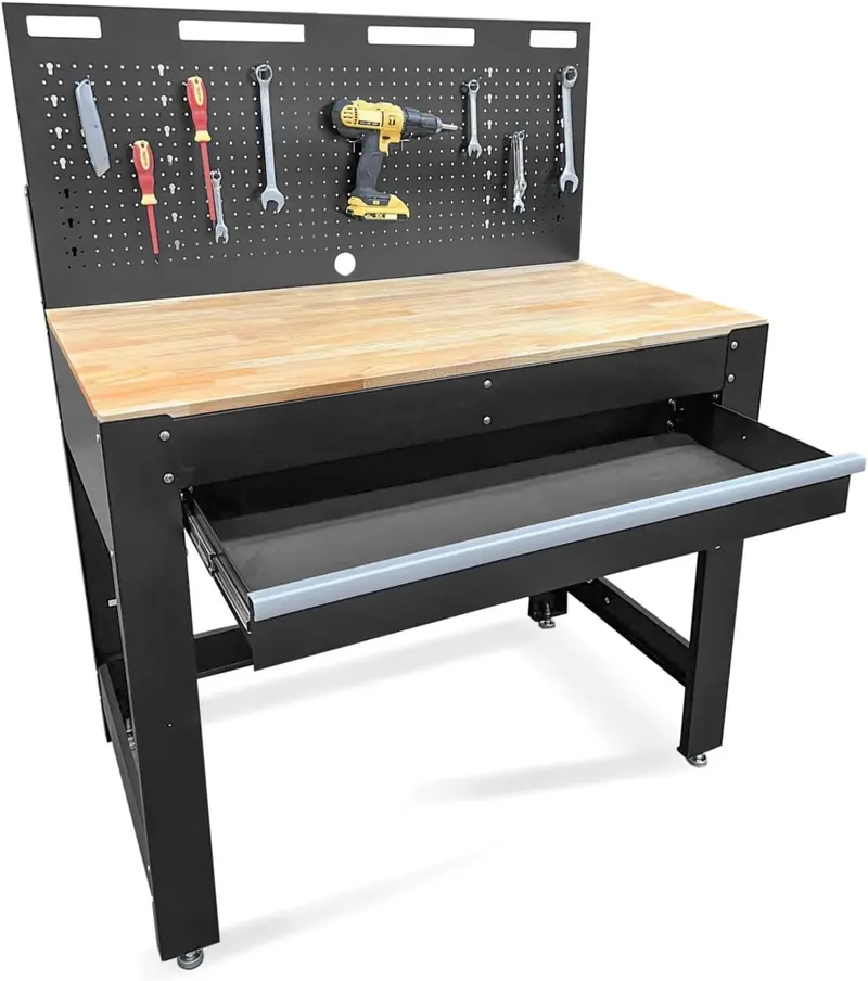 Industrial Steel Workbench – Full-Size Bench with Power Strip, Drawer & Pegboard WT006B