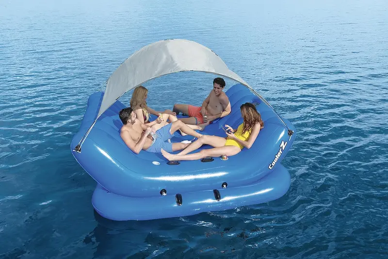 Inflatable Floating Island Lounge – Rock N Shade Water Toy with Cooler & Canopy