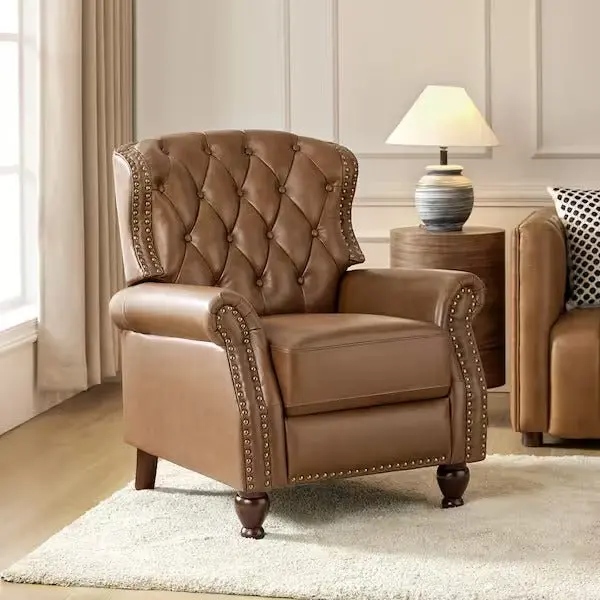 Isabel Recliner by Jayden Creation – Genuine Camel Leather Accent Chair with Tufted Back & Rolled Arms
