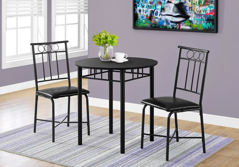 K1013 Bistro Dining Set – Minimalist 3-Piece Kit Featuring Round Black Table and Two Padded Chairs