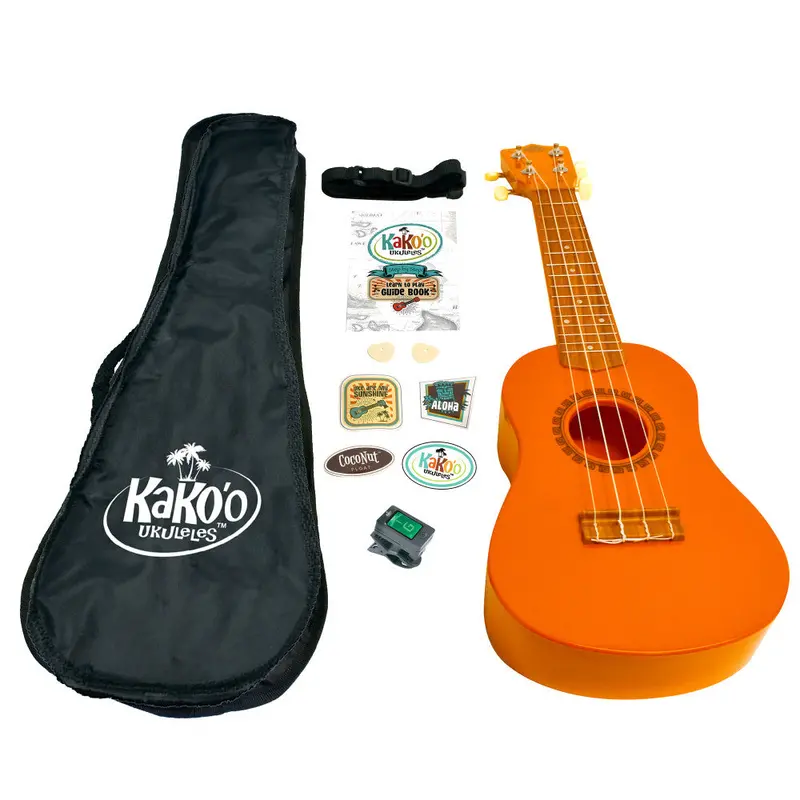 KaKo’o Sunrise Orange Ukulele – 21-Inch Professional Wooden Soprano Starter Set