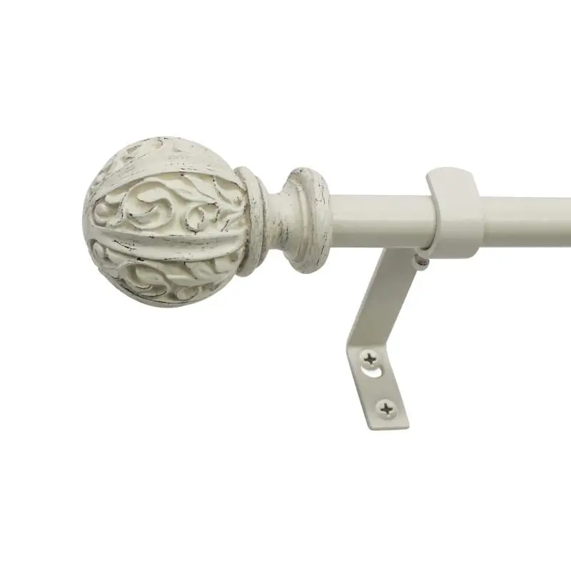 Leaf Ball Adjustable Curtain Rod – 86 to 128 Inch Distressed White Telescoping Rod with Finials