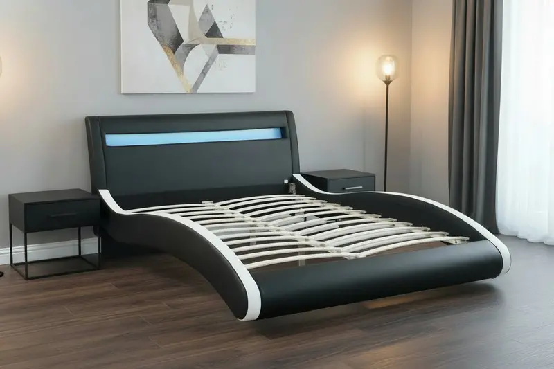LED-Uplighted Bonded Leather Platform Bed Frame – Modern Upholstered Bed with Integrated Headboard Lighting