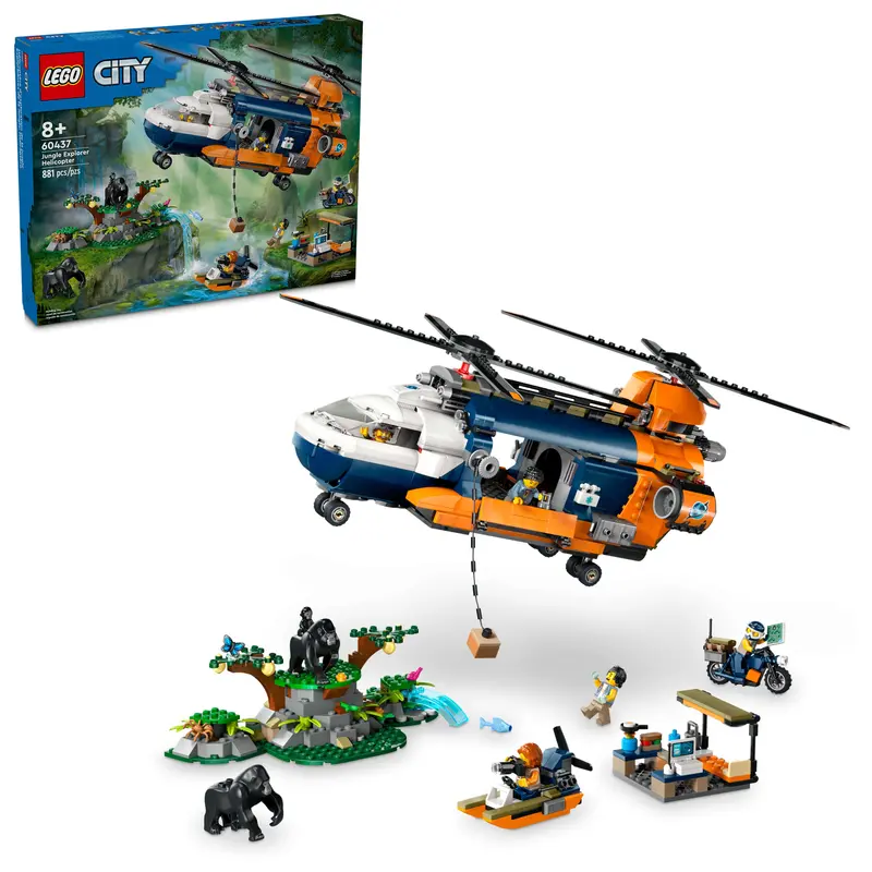 LEGO City Jungle Explorer Helicopter & Base Camp – 881-Piece Adventure Set (60437)