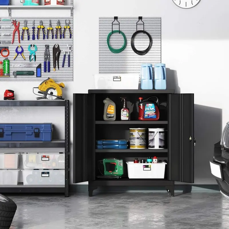 Lockable Metal Garage Cabinet – Wall-Mount or Floor-Standing Storage Unit with Adjustable Shelves and Removable Legs OMC013B01