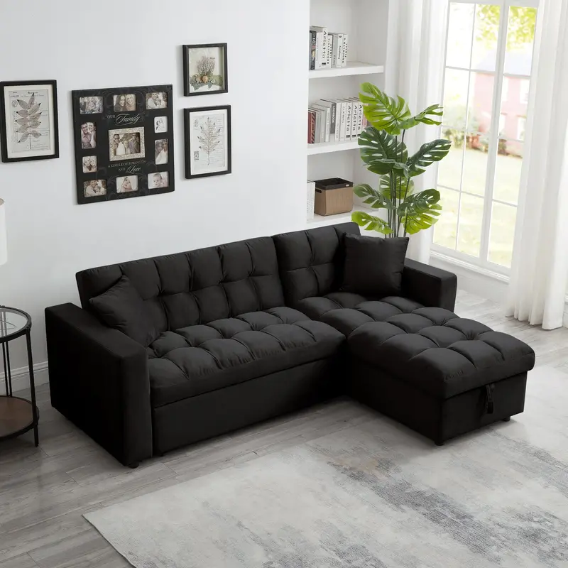 Luxury Velvet Sectional Sofa Bed with Reversible Chaise and Built-In Pull-Out Sleeper & Storage
