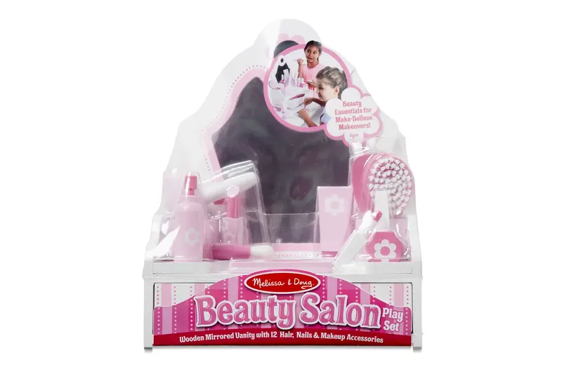 Melissa & Doug Beauty Salon Playset – Wooden Vanity Toy with Mirror and Accessories