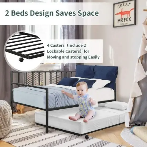 Metal Twin Daybed with Trundle – Convertible Sofa Bed for Small Spaces