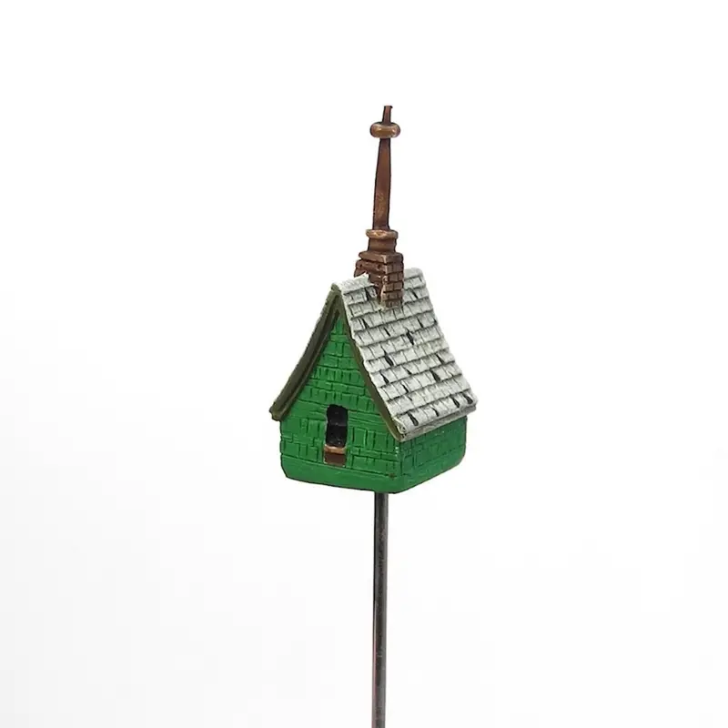 Miniature Green Birdhouse Mounted on Decorative Pole