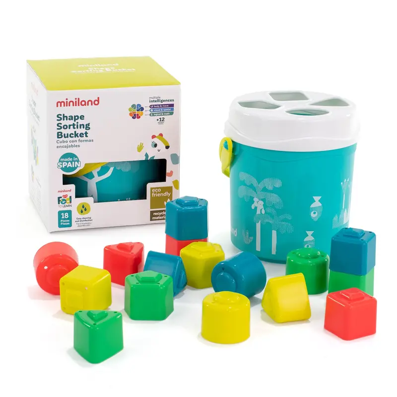 Miniland Feel to Learn Shape Sorter Bucket – Turquoise Sensory Sorting Toy for Toddlers
