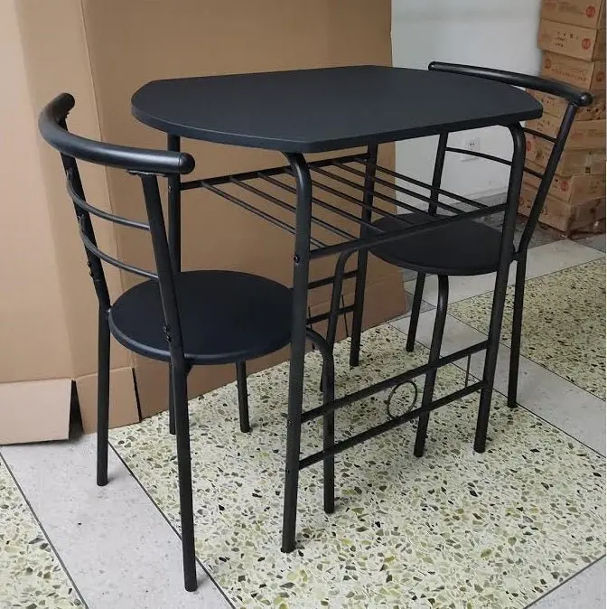 Minimalist 3-Piece Bistro Set – Compact Black Table with Two Chairs & Built-In Storage Rack (CS2056)