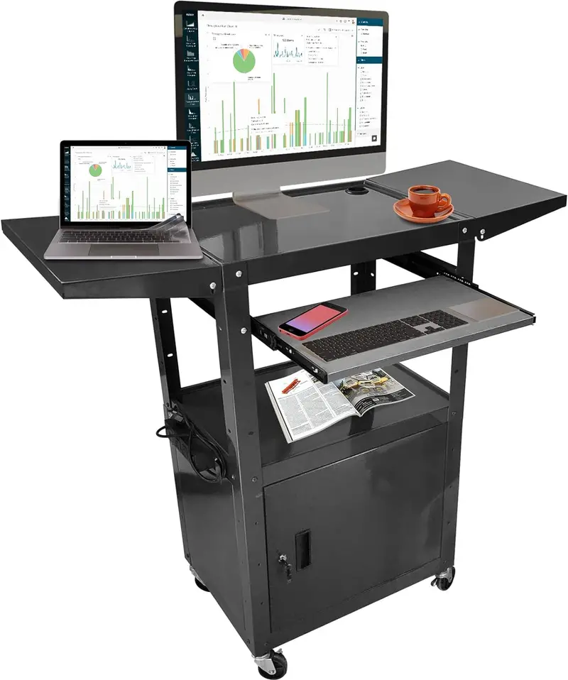 Mobile AV Cart with Locking Cabinet – Adjustable Height Portable Workstation for Presentations & Tech (S1220)