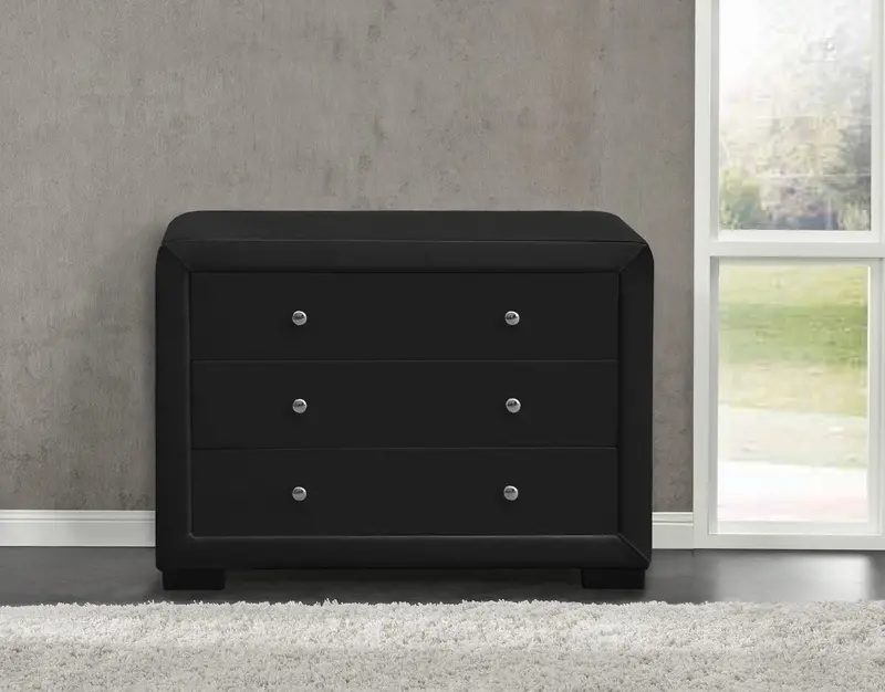 Modern 3-Drawer Dresser Table – Black Faux Leather Finish with Sleek Profile (WS917)