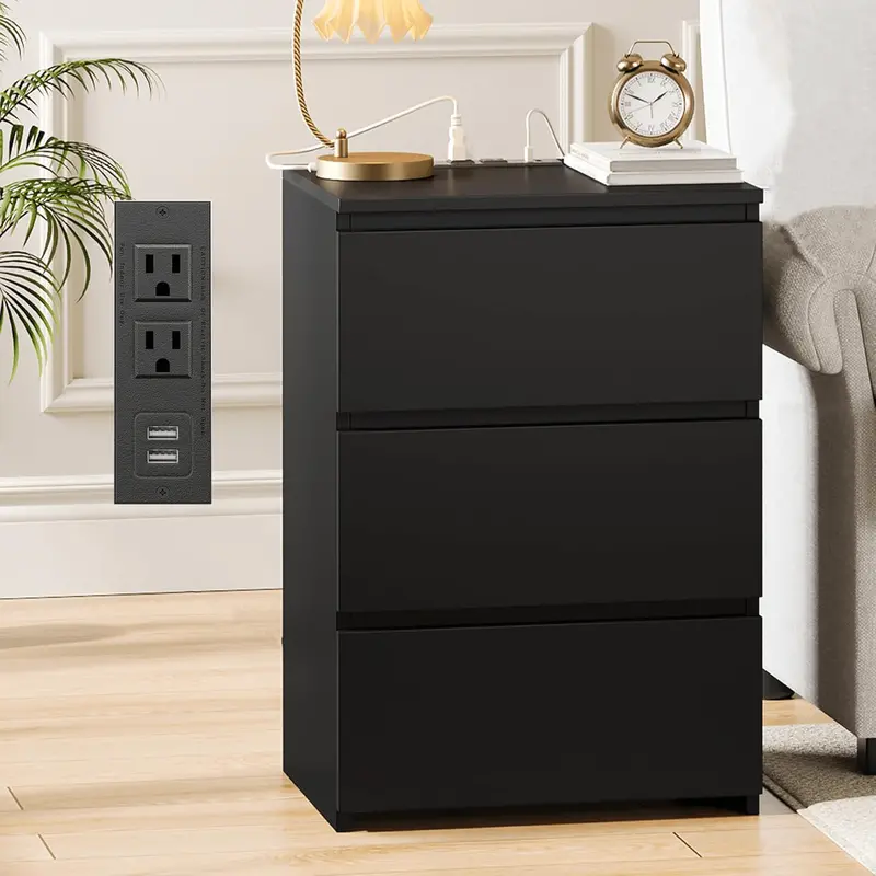 Modern 3-Drawer Dresser with USB Charging Ports – Contemporary Bedroom Cabinet in Black or White Finish
