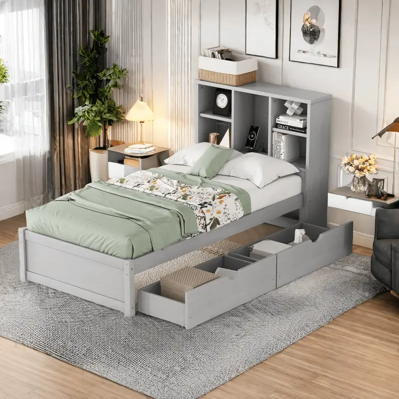 Modern Bookcase Headboard Bed Frame with USB Charging Ports and Under-Bed Drawers – Twin/Full/Queen BED049G