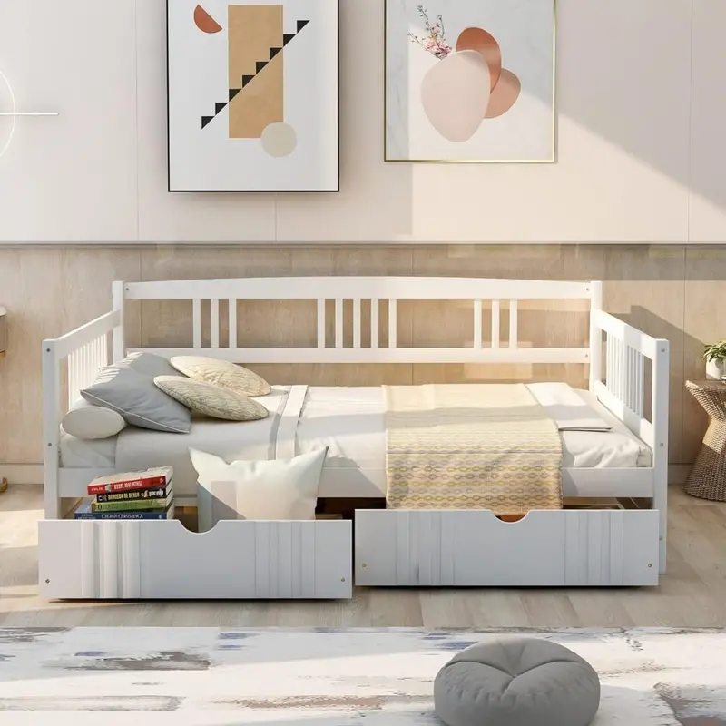 Modern Full-Size Wooden Daybed – Solid Wood Frame with Dual Under-Bed Storage Drawers (B0CQT5XXMF)