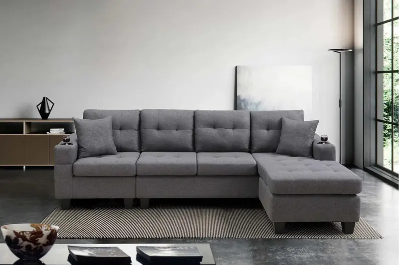 Modern L-Shaped Reversible Sectional Sofa Set with Chaise and Ottoman for Living Rooms