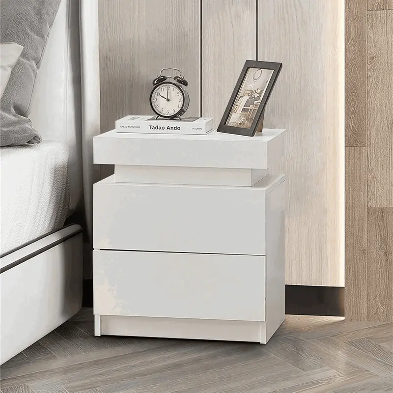 Modern Nightstand with USB Outlets & RGB LED Accent Lighting – High-Gloss Bedside Table with Charging Station