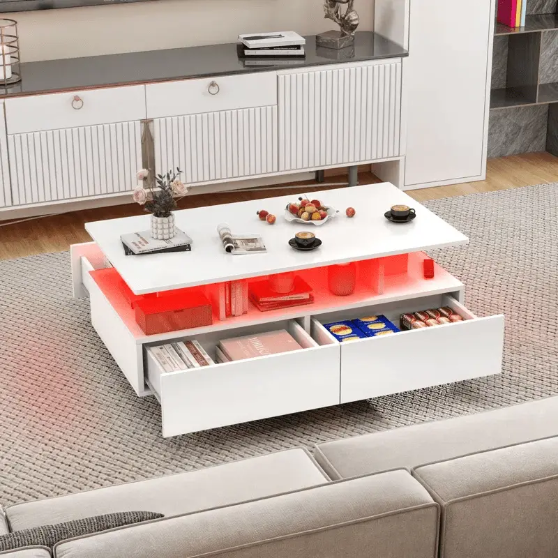 Modern RGB LED Coffee Table – White/Black 4-Drawer Living Room Centerpiece with Adjustable Lighting