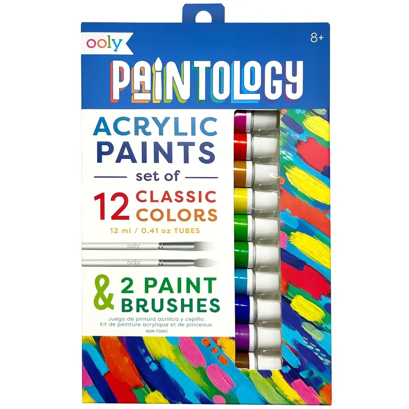 OOLY Paintology Classic Acrylic Paint Set – 12-Color Kit with Brushes for Ages 8+