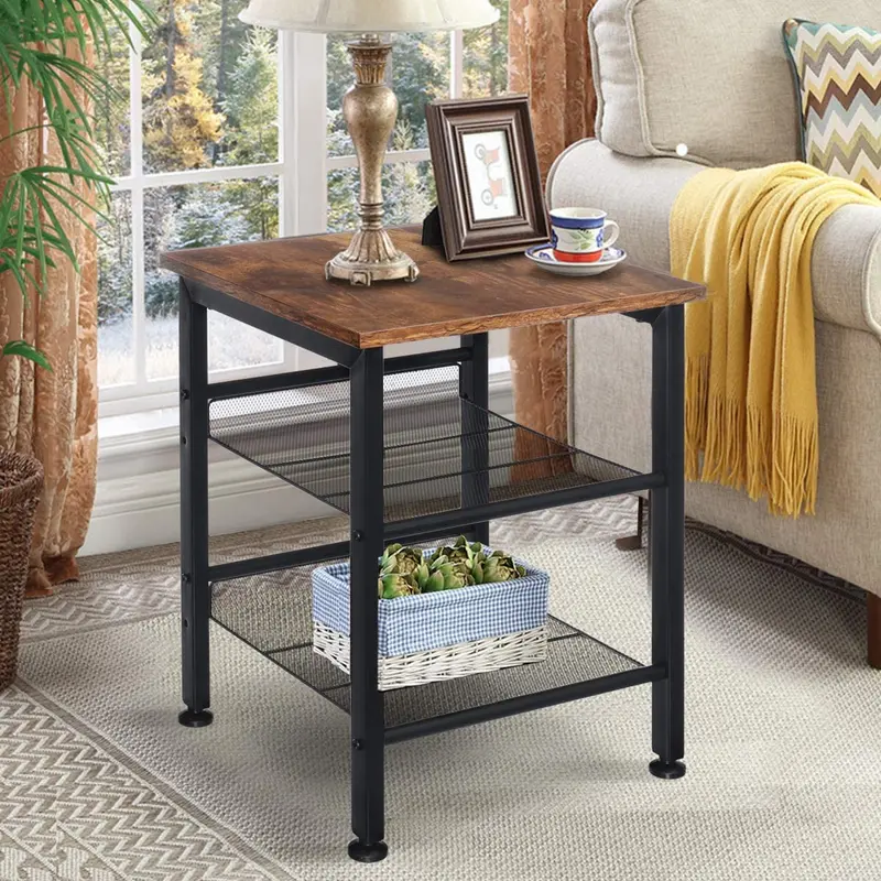 Pair of Farmhouse-Style Wooden End Tables with Adjustable Shelving
