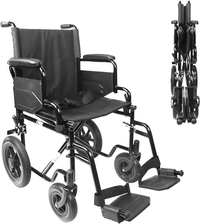 PEPE Mobility Transport Wheelchair – Foldable Steel Frame, Wide Wheels, Seatbelt, Lightweight Design for Seniors & Caregivers