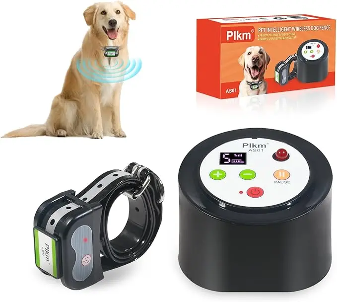 PLkm AS01 Wireless Dog Fence System – Rechargeable Pet Containment Collar with Adjustable Boundary