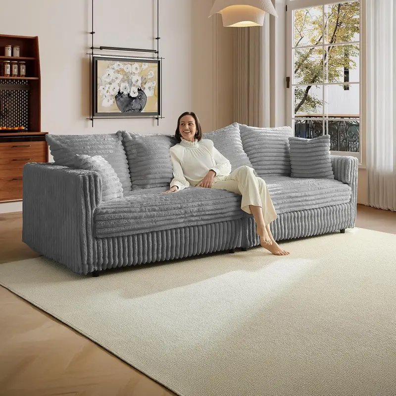 Plush Corduroy Cloud Sectional Sofa – Extra-Large 8.6-Foot Modular Couch with Six Decorative Pillows