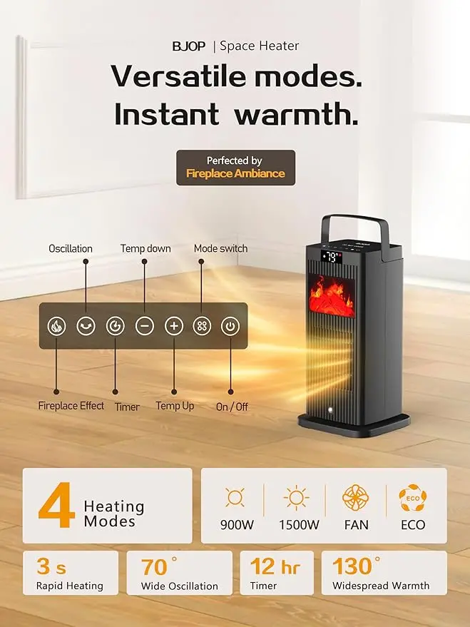 Portable Oscillating Space Heater with Realistic Flame Effect – PTC Ceramic Heating Technology